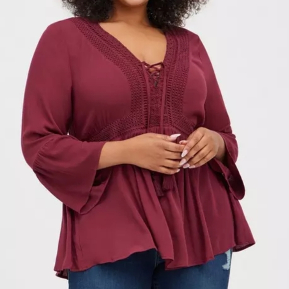 torrid Tops - TORRID Babydoll Gauze Crochet Trim Lace-Up Top NWT